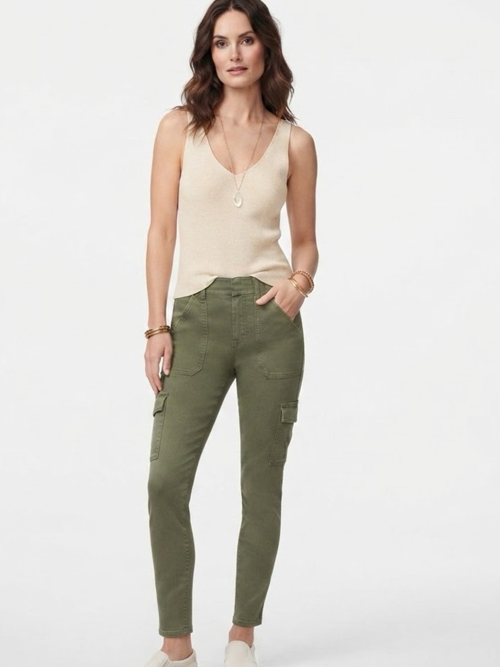 SPANX The Get Moving Stretch Cotton Twill Cargo Pants Olive Green Size L Largev
